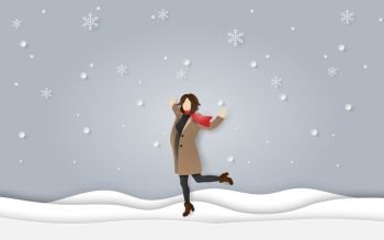 Paper art and craft style of winter season  A happy woman wearing clothes and scarf standing on snow floor with snowing  welcome winter season