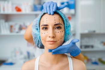 Cosmetician and female patient with markers on her face Rejuvenation procedure in beautician salon Cosmetic surgery against wrinkles  preparation to