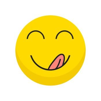 Image Details IST_17134_06956 - Yummy icon. Hungry smiling face with mouth  and tongue emoji. Delicious, healthy funny lunch tasty mood smile avatar  happy yellow character cute vector isolated cartoon symbol.. Yummy icon.
