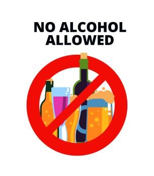 Image Details IST_21327_04736 - No alcohol icon. Alcoholic drink  prohibition sign with cartoon beer glass, wine and whiskey bottle in red. Ban  beverage vector symbol. Illustration no alcohol drink, prohibited and  forbidden