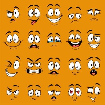 Image Details IST_20362_02650 - Funny cartoon faces. Comic different  emotions. Vector character collection expressions smile and confused, angry  and sad. Cute emoji contour black lines with red tongue isolated on white  background.