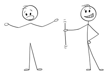 Cartoon Stick Man Drawing Conceptual Illustration Of Arrogant Businessman  Fired, Sacked Or Dismissed From Work By Manager Or Boss Showing Bad Fuck  You Off Middle Finger Gesture Sign. Royalty Free SVG, Cliparts