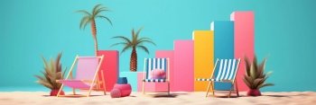 Multicolored beach chairs and palms Summer vacation concept abstract background Created with generative Ai technology