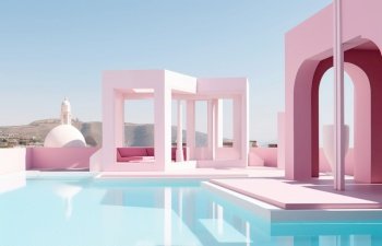 Swimming pool on sunny day Summer minimalist architecture background Created with generative Ai technology