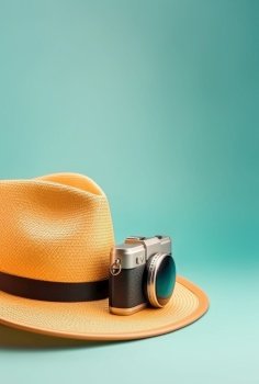 Straw hat and camera Turquoise summer vacation background Created with generative Ai technology