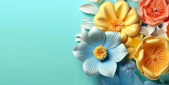Flowers on turquoise backdrop with copy space Floristic decoration Natural floral background Created with generative Ai technology