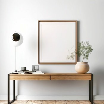 Mock up poster frame on the white wall above wooden console table Background with copy space Interior design of modern living room Created with gen