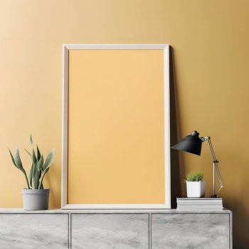 Mock up poster frame on cabinet over yellow wall Background with copy space Interior design of modern living room Created with generative AI techno