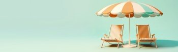 Umbrella and deck chairs on turquoise backdrop Summer vacation background Created with generative Ai technology