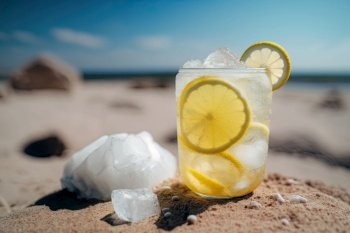 Cold drink with ice and a slice of lemon on the beach Illustration Generative AI