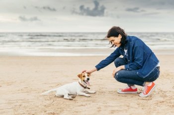 Brunette stylish woman teases her small dog on sea shore  have walk together  have real friendship  understand each other Beautiful young female spen