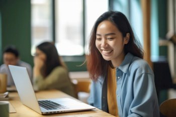 a Smiling Asian female student studying  using laptop in classroom AI Generative