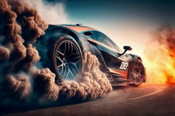3D Rendering , Sport Car Racing On Race Track With Fire Burning