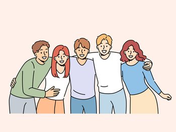 Group of teenagers high school students hug and laugh  enjoy being friends with peers and classmates Team of happy teenagers looking at screen for ad