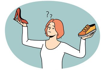 Confused young woman choosing between different shoes types Frustrated girl make choice between sneakers and heels Fashion and style Vector illustr