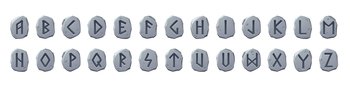 Viking runes alphabet  celtic font with ancient runic signs on grey stone pieces Abc nordic style scandinavian letters  futark type symbols  game or 