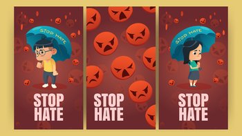 Stop Hate posters with asian kids under umbrellas and falling red angry emoji Vector vertical banners of protest against racism and hatred with carto