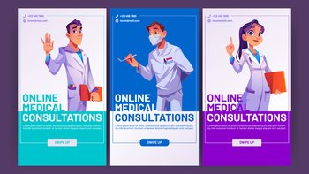 Online medical consultations banners with doctors  hospital or clinic professional staff Vector social media template of telemedicine  digital servic
