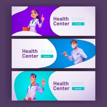 Health center banners with doctors in professional uniform Vector horizontal posters of medical service  hospital or clinic with cartoon illustration