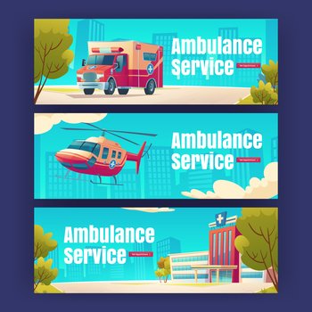 Ambulance service cartoon banners Medical helicopter and car on urban cityscape background Emergency hospital call  rescue team transport Medicine 