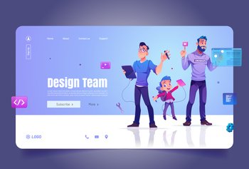 Design team cartoon landing page  designers adults and little schoolboy create projects on augmented reality interface screen and digital tablets Cre