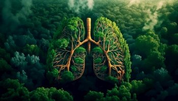 Leaves and branches in form of human lungs with forest on backdrop Forest as lungs of planet concept Generative AI Leaves and branches in form of 
