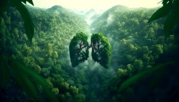 Leaves and branches in form of human lungs with forest on backdrop Forest as lungs of planet concept Generative AI Leaves and branches in form of 