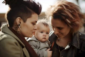 Happy lesbian couple with baby LGBTQ family and relationship Diversity  homosexuality Partners with non-traditional sexual orientation Sensual mom