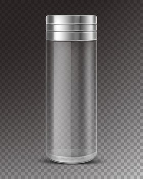 Transparent salt shaker with metal cap, salt inside. Vector