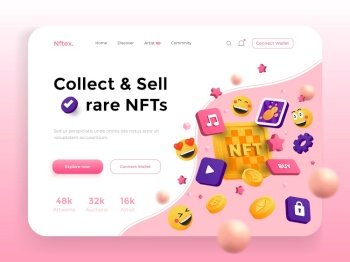 Landing page template of Nft token Crypto Coins  trading NFT non fungible token for crypto art concept Modern 3D design concept of web page design f