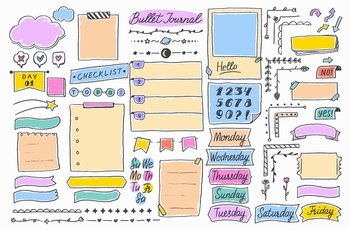 Bullet journal, doodle diary elements or page stickers and vector