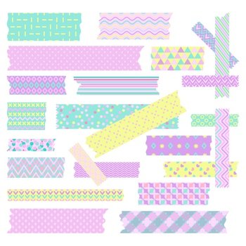 Colorful, golden washi tape strips, vector scrapbook elements. Sticker  pattern ripped adhesive, tape washi label illustration Stock Vector