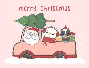 Cute Cartoon family driving a car with Christmas gifts on The Roof