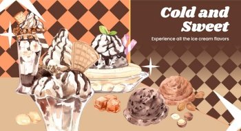 Image Details IST_23193_00234 - Blog banner template with sundae ice cream  concept, watercolor style