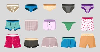 Image Details IST_21327_07838 - Men swimming underpants. Male swimsuit  garment colorful underwear, cartoon flat boxer trunk shorts everyday brief  clothing. Vector isolated set. Comfortable casual everyday underclothes. Men  swimming underpants. Male