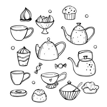 Vector illustration outline drawing of teapot and cup of tea icon