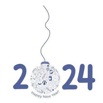 2024 Happy New Year. Christmas ball of festive decor and date of year 2024  on blue background. Vector ill…