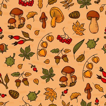 Vector colorful funny autumn natural seamless pattern with autumn leaves,  mushrooms, acorns and berries. Cute autumn background 11766004 Vector Art  at Vecteezy