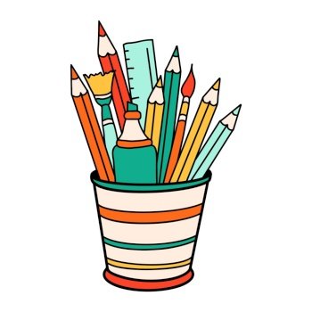 School pencil case cartoon in doodle retro style. Back to school