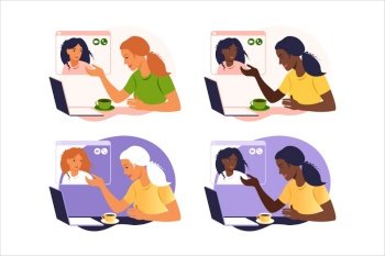 Girl friends chat online. Girl sitting laptop and speaks with friend.  3483454 Vector Art at Vecteezy