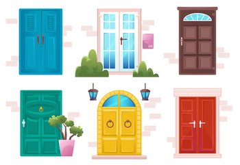 Closed front doors with stone frame for building facade. Vector cartoon set  of house entrance, red, brown and blue wooden doors with knobs and windows  isolated on white background Stock Vector Image