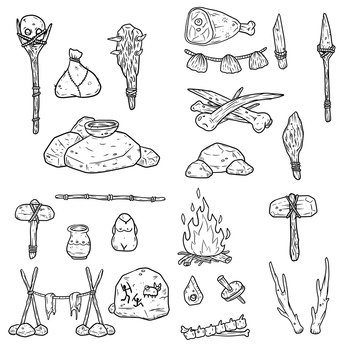 Set Of Items Of Primitive Man And Hunter. Weapons Of Caveman. Stone Age Club,  Fire And Animal Skull. Totem And Wand Of Shaman. Lifestyle And Tool.  Cartoon Illustration Royalty Free SVG, Cliparts
