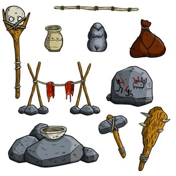 Set Of Items Of Primitive Man And Hunter. Weapons Of Caveman. Stone Age  Hammer, Ax And Club. Lifestyle And Tool. Cartoon Illustration Royalty Free  SVG, Cliparts, Vectors, and Stock Illustration. Image 200261277.