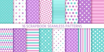 Scrapbook background, seamless pattern. Vector. Cute paper for scrap  design. Chic print with heart, polka dot, stripe, fruit, check, star.  Trendy modern texture. Color illustration. Geometric backdrop Stock Vector