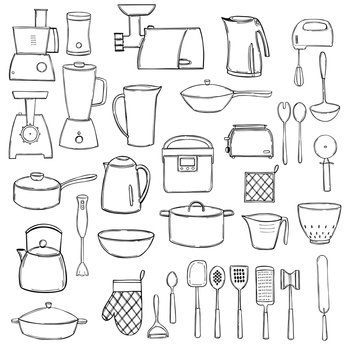 Kitchen Utensils Sketch Cooking Equipment Frying Pan Knife And Fork Spoon  And Bowl Cup And Glass Cutting Board Doodle Retro Vector Set Stock  Illustration - Download Image Now - iStock