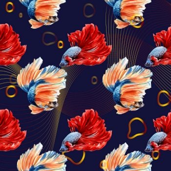 Pattern template with Siames fighting fish concept design watercolor vector illustration