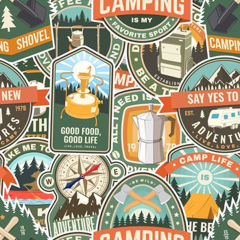 Summer camp colorful seamless pattern with travel inspirational quotes Vector illustration Background  wallpaper  pattern with retro camping tea ket