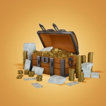 Lots of crypto coin treasure boxes 3D  Render  illustration