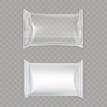 Premium Vector  Plastic packaging. transparent plastic packs, food  containers and vacuum bags. polythene wrap pouch, snack package mockups