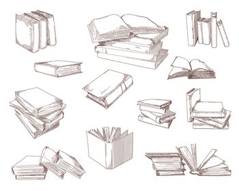 Sketch books. Vintage hand drawing pile of book. Library